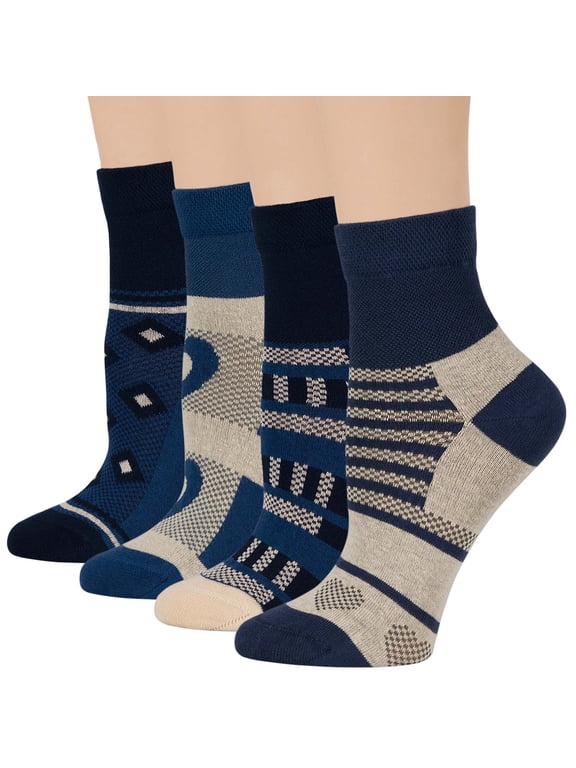 Women's Cotton Diabetic Patterned Extra Wide Quarter Socks - 4 Pack Large - Seamless Heart - Sock Size 10-12 Shoe Size 8-12 L Dark Navy, Light Navy, Denim Blue, Ecru