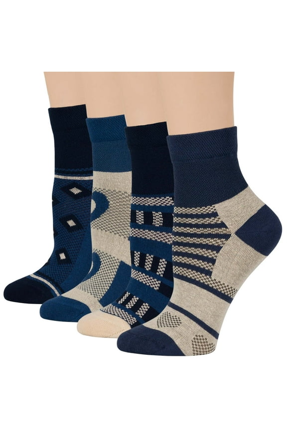Women's Cotton Diabetic Patterned Extra Wide Quarter Socks - 4 Pack Large - Seamless Heart - Sock Size 10-12 Shoe Size 8-12 L Dark Navy, Light Navy, Denim Blue, Ecru