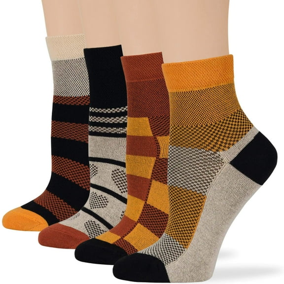 7BIGSTARS KINGDOM Women's Cotton Diabetic Quarter Non-Binding Extra Wide Novelty Socks - 4 Pack Medium - Heart Stripe - Sock Size 9-11 Shoe Size 5-9 M Black, Brown, Orange, Ecru
