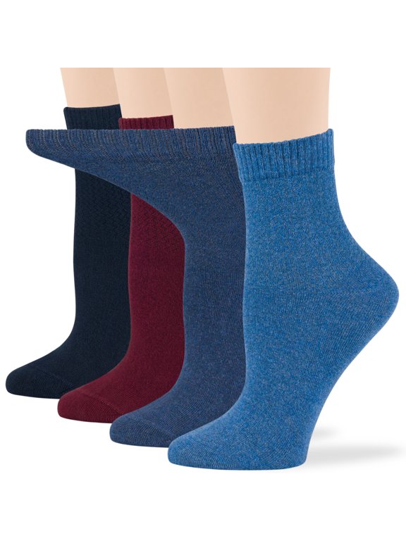 Women's Cotton Diabetic Quarter Non-Binding Seamless - 4 Pack Large-Extra Wide - Sock Size 10-12 Shoe Size 8-12 L Dark Navy, Burgundy, Light Navy, Denim Blue…