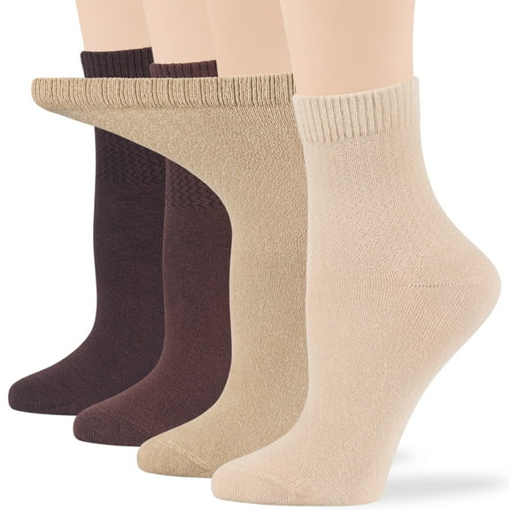 7BIGSTARS KINGDOM Women's Cotton Diabetic Quarter Non-Binding Seamless - 4 Pack Large-Extra Wide - Sock Size 10-12 Shoe Size 8-12 L Light Beige, Beige, Brown, Dark Brown…