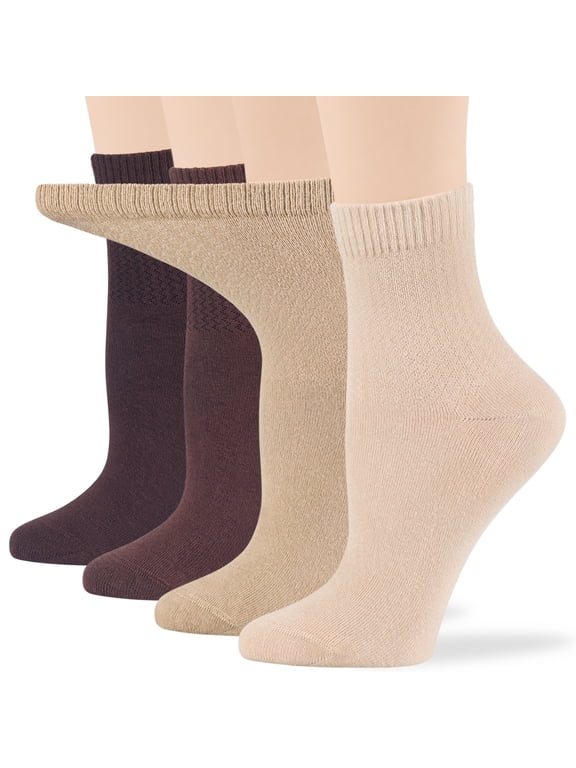Women's Cotton Diabetic Quarter Non-Binding Seamless - 4 Pack Large-Extra Wide - Sock Size 10-12 Shoe Size 8-12 L Light Beige, Beige, Brown, Dark Brown…