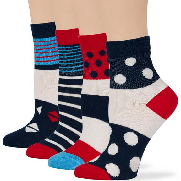 7BIGSTARS KINGDOM Women's Cotton Diabetic Quarter Novelty Loose Fit Socks - 4 Pack Medium - Seamless - Stripe - Polka Dot - Sock Size 9-11 Shoe Size 5-9 M Dark Navy, Blue, Red, White