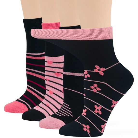 7BIGSTARS KINGDOM Women's Cotton Diabetic Quarter Novelty Socks - 4 Pack Large-Loose- Heart, Stripe, Flower - Sock Size 10-12 Shoe Size 8-12 L Black, Pink, Salmon