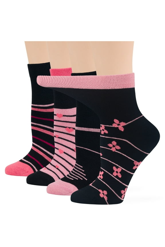 Women's Cotton Diabetic Quarter Novelty Socks - 4 Pack Large-Loose- Heart, Stripe, Flower - Sock Size 10-12 Shoe Size 8-12 L Black, Pink, Salmon