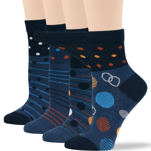 7BIGSTARS KINGDOM Women's Cotton Diabetic Quarter Patterned Fashion Socks - 4 Pack Large-Loose- Polka Dot, Stripe - Sock Size 10-12 Shoe Size 8-12 L Dark Navy, Indigo Blue, Orange