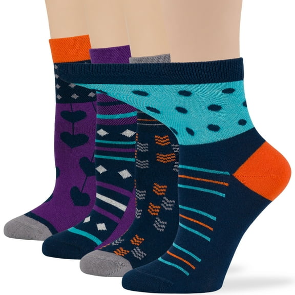 7BIGSTARS KINGDOM Women's Cotton Diabetic Quarter Patterned Socks - 4 Pack Large Seamless Polka Dot Heart Sock Size 10-12 Shoe Size 8-12 L Dark Navy, Purple, Grey, Blue,Orange
