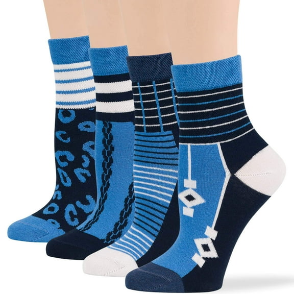 7BIGSTARS KINGDOM Women's Cotton Diabetic Quarter Patterned Socks - 4 Pack Medium-Extra Wide Geometric, Stripe - Sock Size 9-11 Shoe Size 5-9 M Indigo, Navy Blue, White
