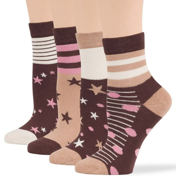 7BIGSTARS KINGDOM Women's Cotton Diabetic Quarter Patterned Socks - 4 Pack Medium-Extra Wide Star, Stripe, Polka Dot - Sock Size 9-11 Shoe Size 5-9 M Brown, Beige, Ecru