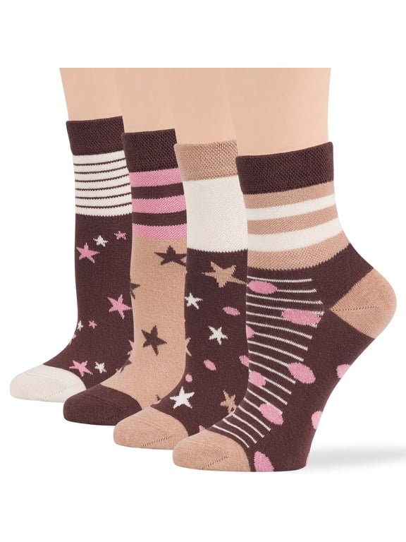Women's Cotton Diabetic Quarter Patterned Socks - 4 Pack Medium-Extra Wide Star, Stripe, Polka Dot - Sock Size 9-11 Shoe Size 5-9 M Brown, Beige, Ecru