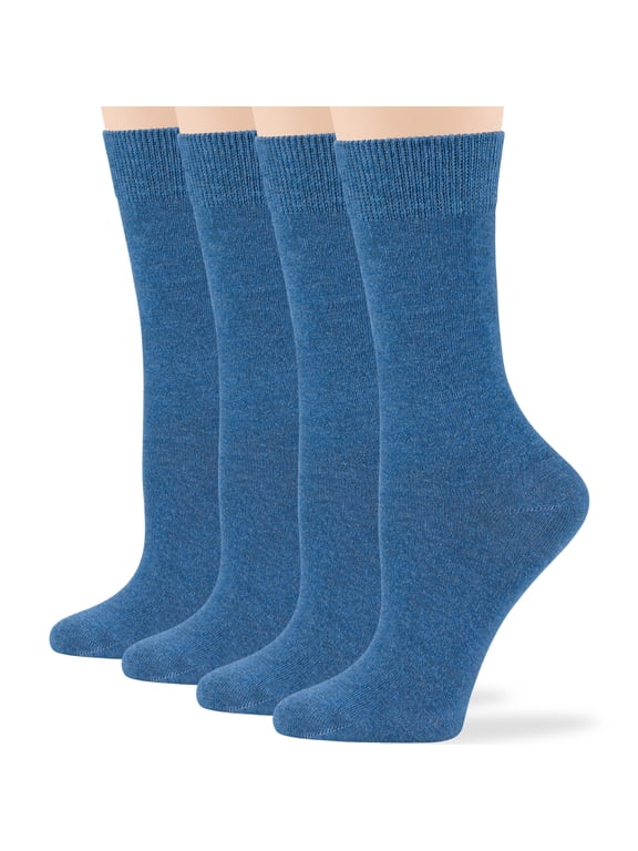 Women's Cotton Dress Socks - 4 Pack Large - Solid Casual Crew Calf Business - Sock Size 10-12 Shoe Size 8-12 L Denim Blue