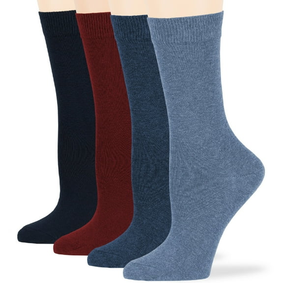 7BIGSTARS KINGDOM Women's Cotton Dress Socks - 4 Pack Large - Solid Casual Crew Calf, Dark Navy, Burgundy, Light Navy, Denim Blue, Sock Size 10-12 Shoe Size 8-12 L