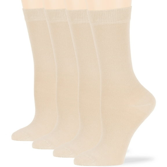 7BIGSTARS KINGDOM Women's Cotton Dress Socks - 4 Pack Large - Solid Casual Crew Lightweight Calf - Sock Size 10-12 Shoe Size 8-12 L Light Beige