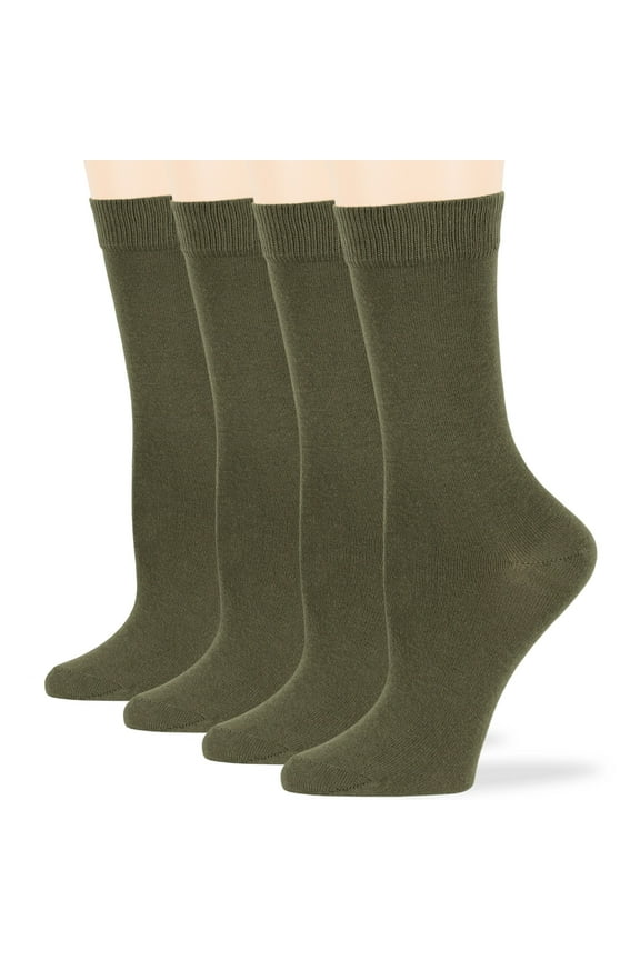 Women's Cotton Dress Socks - 4 Pack Large - Solid Casual Crew Lightweight Calf - Sock Size 10-12 Shoe Size 8-12 L Olive Green