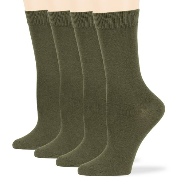 7BIGSTARS KINGDOM Women's Cotton Dress Socks - 4 Pack Large - Solid Casual Crew Lightweight Calf - Sock Size 10-12 Shoe Size 8-12 L Olive Green