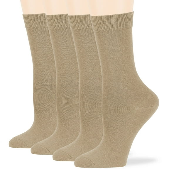 7BIGSTARS KINGDOM Women's Cotton Dress Socks - 4 Pack Medium - Thin Solid Casual Crew Lightweight - Sock Size 9-11 Shoe Size 5-9 M Beige