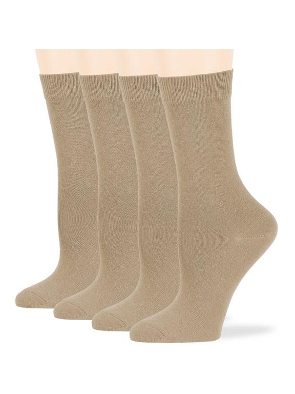 Women's Cotton Dress Socks - 4 Pack Medium - Thin Solid Casual Crew Lightweight - Sock Size 9-11 Shoe Size 5-9 M Beige