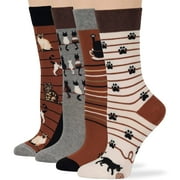7BIGSTARS KINGDOM Womens Cotton Fun Crew Socks - 4 Pack Large - Cat Paw Yarn - Seamless Sock Size 10-12 Shoe Size 8-12, Brown, Grey, Ecru, Black