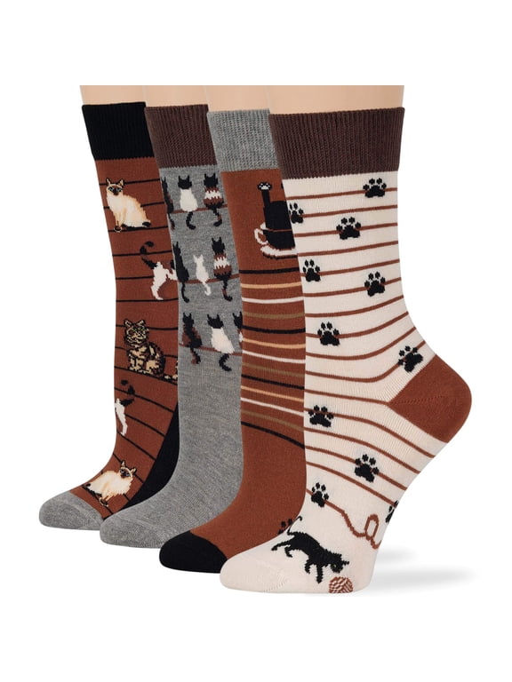 Women's Cotton Fun Crew Socks - 4 Pack Medium - Cat Paw Yarn - Seamless Sock Size: 9-11, Shoe Size: 5-9, Brown, Grey, Ecru, Black