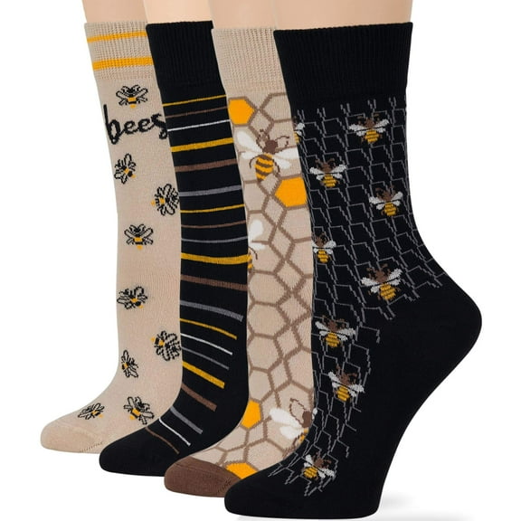 7BIGSTARS KINGDOM Women's Cotton Fun Socks - 4 Pack Large -Bee -Honey Comb -Stripe - Seamless Sock Size 10-12 Shoe Size 8-12 Black, Light Beige