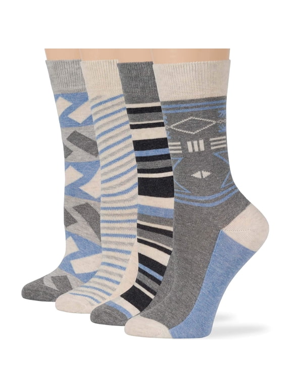Women's Cotton Fun Socks - 4 Pack Large -Indian Patterns- Sock Size 10-12 Shoe Size 8-12, Grey, Charcoal, Sand, Denim Blue