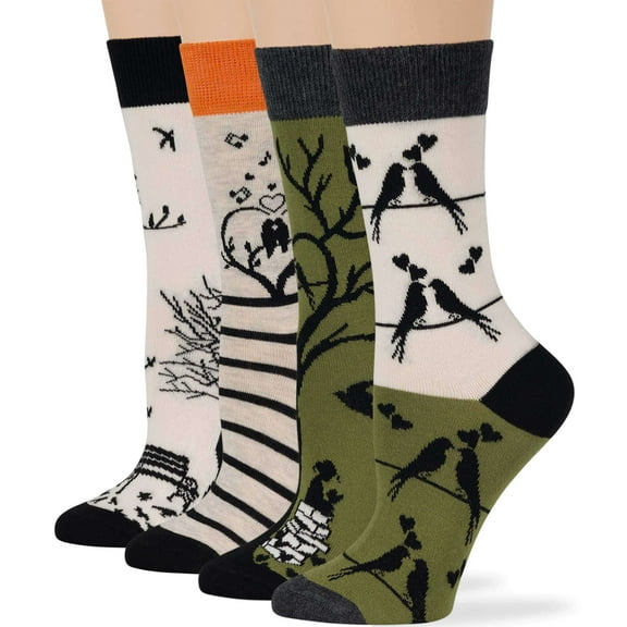7BIGSTARS KINGDOM Women's Cotton Fun Socks - 4 Pack Large - Love Bird Book Tree - Seamless Sock Size 10-12 Shoe Size 8-12, Black, Grey, Green, Ecru