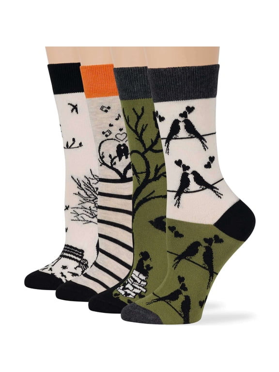 Women's Cotton Fun Socks - 4 Pack Large - Love Bird Book Tree - Seamless Sock Size 10-12 Shoe Size 8-12, Black, Grey, Green, Ecru