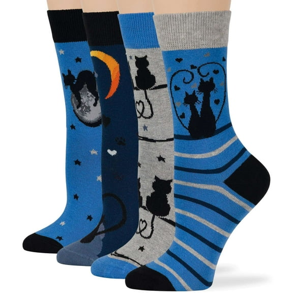 7BIGSTARS KINGDOM Women's Cotton Fun Socks - 4 Pack Medium - Cat- Moon - Heart Tail- Seamless Sock Size: 9-11, Shoe Size: 5-9, Black, Navy, Blue, Grey