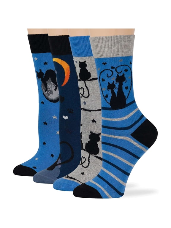 Women's Cotton Fun Socks - 4 Pack Medium - Cat- Moon - Heart Tail- Seamless Sock Size: 9-11, Shoe Size: 5-9, Black, Navy, Blue, Grey