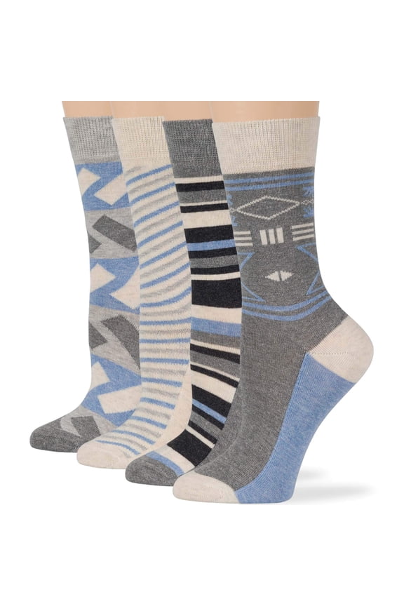 Women's Cotton Fun Socks - 4 Pack Medium - Indian Patterns - Sock Size: 9-11, Shoe Size: 5-9, Grey, Charcoal, Sand, Denim Blue