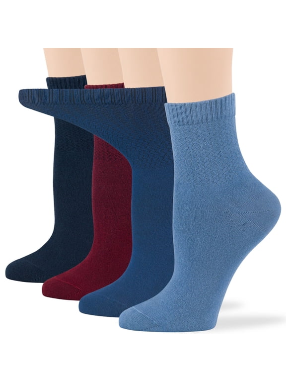 Women's Seamless Bamboo Diabetic Ankle Socks, Non-Binding - 4 Pack Large - Solid Casual - Sock Size 10-12 Shoe Size 8-12 L Dark Navy, Burgundy, Light Navy, Denim Blue