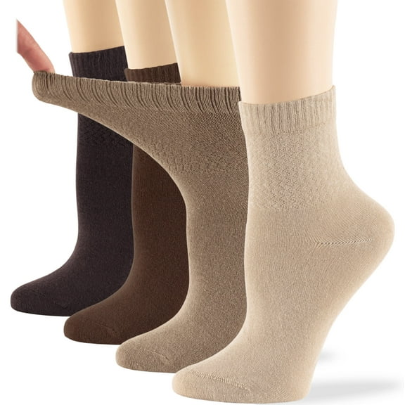 7BIGSTARS KINGDOM Women's Seamless Bamboo Diabetic Ankle Socks, Non-Binding - 4 Pack Medium - Solid Casual Ankle - Sock Size 9-11 Shoe Size 5-9 M Light Beige, Beige, Brown, Dark Brown