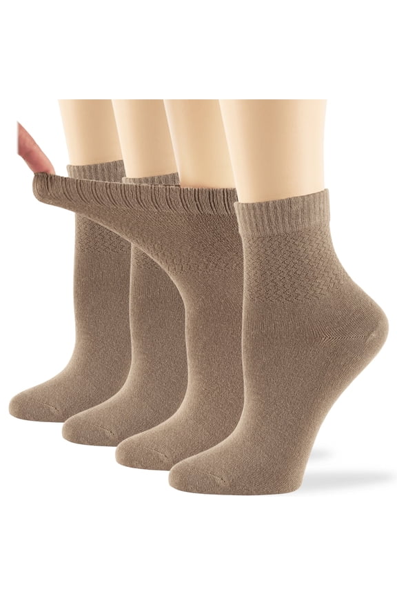 Women's Seamless Bamboo Diabetic Ankle Socks, Non-Binding Loose Fit - 4 Pack Large - Solid Casual Thin - Sock Size 10-12 Shoe Size 8-12 L Beige