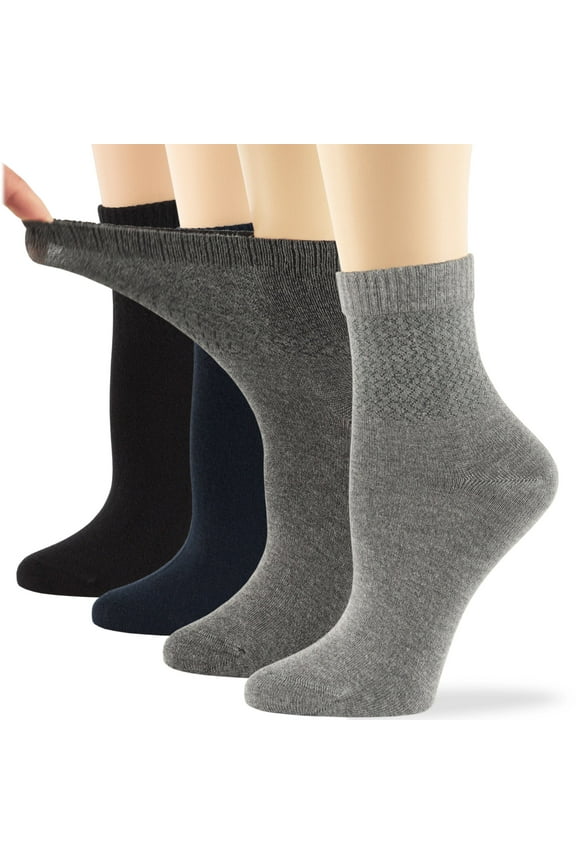 Women's Seamless Bamboo Diabetic Ankle Socks, Non-Binding Loose Fit - 4 Pack Large - Solid - Sock Size 10-12 Shoe Size 8-12 L Black, Dark Navy, Dark Grey,Grey