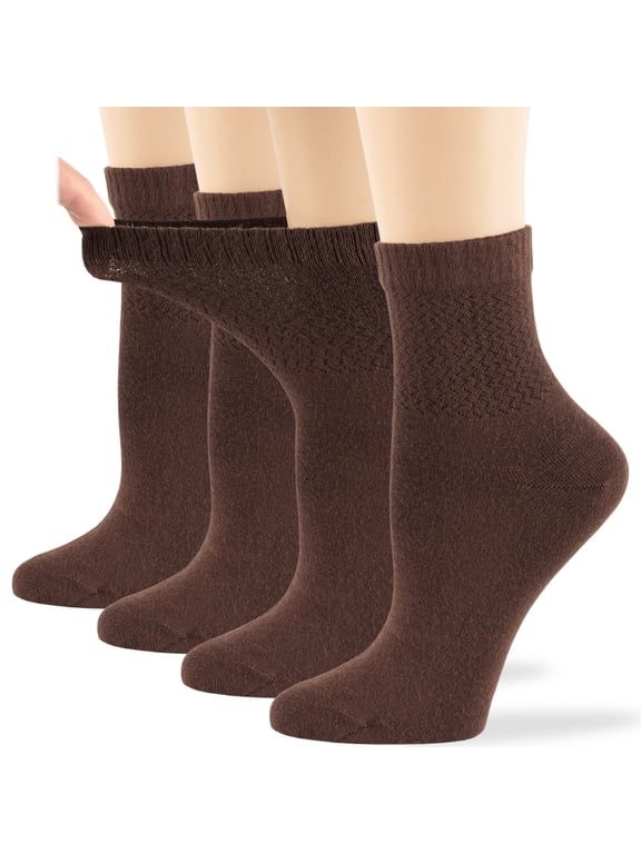 Women's Seamless Bamboo Diabetic Ankle Socks, Non-Binding Loose Fit - 4 Pack Medium - Solid Casual Lightweight - Sock Size 9-11 Shoe Size 5-9 M Brown