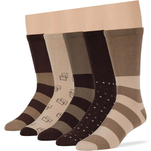 7BigStars Kingdom Men's Diabetic Cotton Crew Socks - 5 Pack Large - Stripe Pattern - Sock Size 10-13 Shoe Size 9-12 L Light Beige, Beige, Khaki, Brown, Dark Brown
