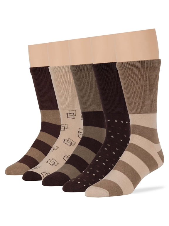 Men's Diabetic Cotton Crew Socks - 5 Pack Large - Stripe Pattern - Sock Size 10-13 Shoe Size 9-12 L Light Beige, Beige, Khaki, Brown, Dark Brown