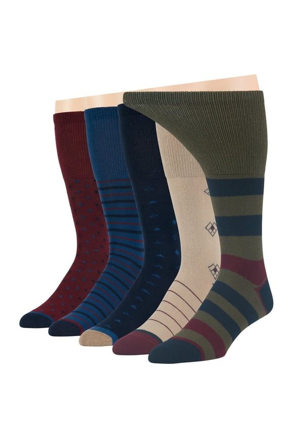 Men's Diabetic Cotton Dress Mid Calf Socks - 5 Pack XLarge - Stripe Pattern - Sock Size 13-15 Shoe Size 12-15 XL Dark Navy, Navy, Burgundy, Olive Green, Beige