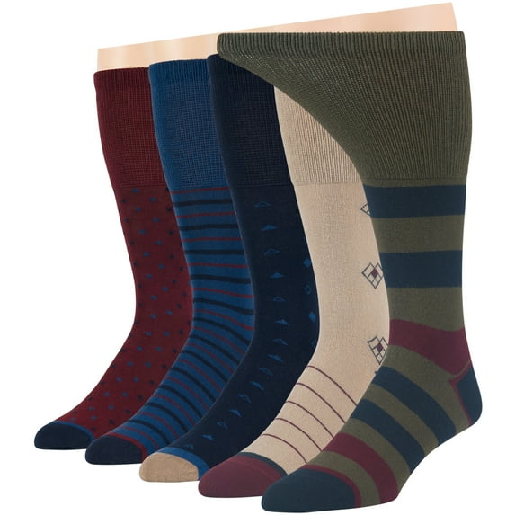 7BigStars Kingdom Men's Diabetic Dress Cotton Mid Calf Socks - 5 Pack Large - Stripe Pattern - Sock Size 10-13 Shoe Size 9-12 L Dark Navy, Navy, Burgundy, Olive Green, Beige