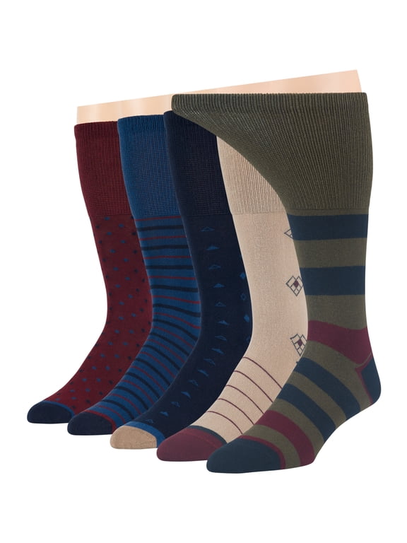 Men's Diabetic Dress Cotton Mid Calf Socks - 5 Pack Large - Stripe Pattern - Sock Size 10-13 Shoe Size 9-12 L Dark Navy, Navy, Burgundy, Olive Green, Beige