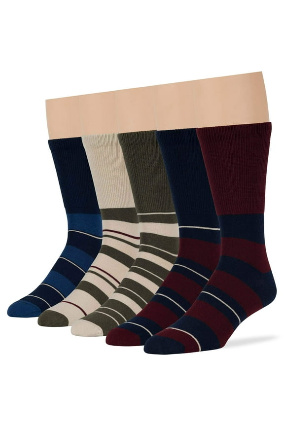 Men's Diabetic Seamless Cotton Crew Socks - 5 Pack Big Tall - Stripe Pattern - Sock Size 13-15 Shoe Size 12-15 XL Burgundy, Dark Navy, Olive Green, Light Beige
