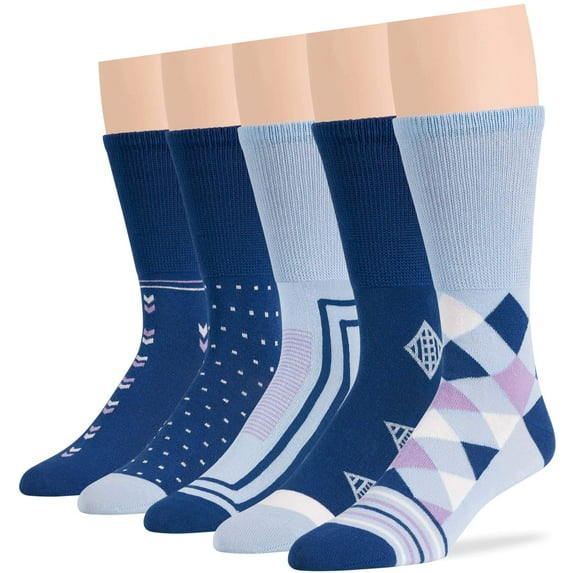 7BigStars Kingdom Men's Diabetic Seamless Cotton Crew Socks - 5 Pack Big Tall - Stripe Pattern - Sock Size 13-15 Shoe Size 12-15 XL Denim Blue, Light Blue