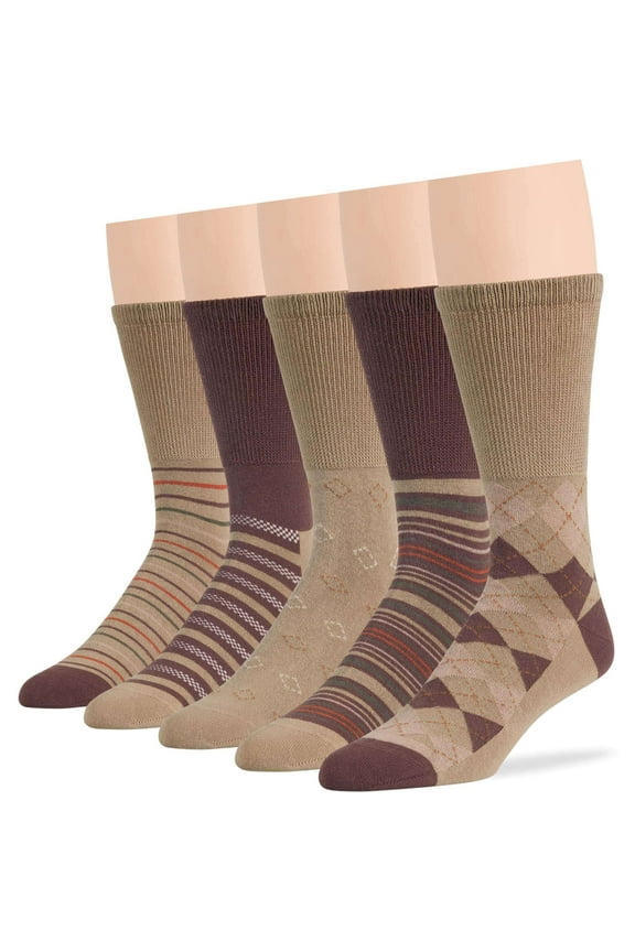 Men's Diabetic Seamless Cotton Crew Socks - 5 Pack Big Tall - Stripe Pattern - Sock Size 13-15 Shoe Size 12-15 XL Khaki, Brown, Beige