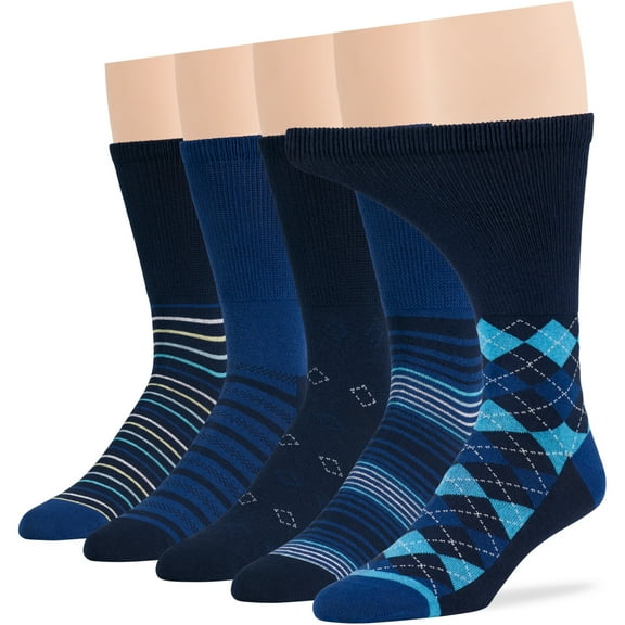 7BigStars Kingdom Men's Diabetic Seamless Cotton Crew Socks - 5 Pack Big Tall - Stripe Pattern - Sock Size 13-15 Shoe Size 12-15 XL Navy Blue, Denim Blue