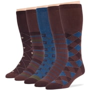 7BigStars Kingdom Mens Diabetic Seamless Cotton Mid Calf Socks - 5 Pack Large - Geometric, Argyle, Stripe Pattern - Sock Size 10-13 Shoe Size 9-12 L Brown, Denim Blue