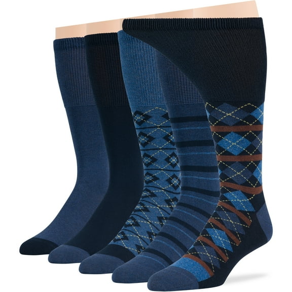 7BigStars Kingdom Men's Diabetic Seamless Cotton Mid Calf Socks - 5 Pack Large - Geometric, Argyle, Stripe Pattern - Sock Size 10-13 Shoe Size 9-12 L Dark Navy, Denim Blue