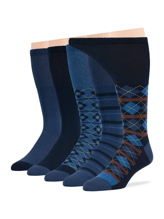Men's Diabetic Seamless Cotton Mid Calf Socks - 5 Pack Large - Geometric, Argyle, Stripe Pattern - Sock Size 10-13 Shoe Size 9-12 L Dark Navy, Denim Blue