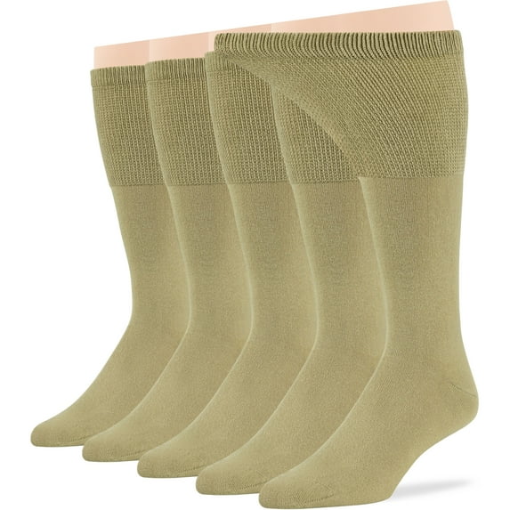 7BigStars Kingdom Men's Diabetic Seamless Cotton Mid Calf Socks - 5 Pack Large - Solid - Sock Size 10-13 Shoe Size 9-12 L Khaki