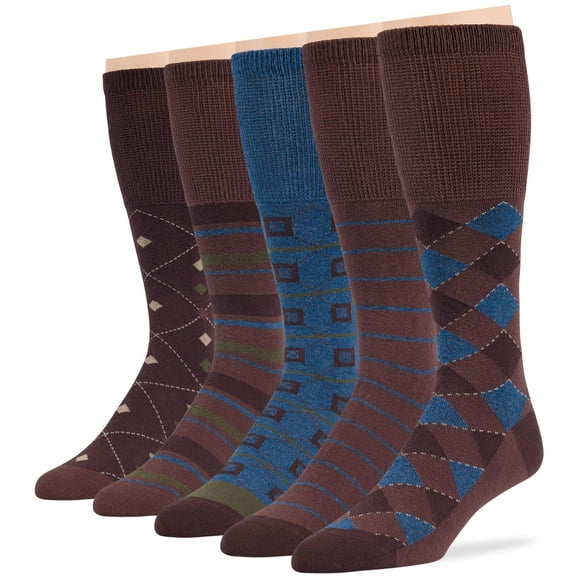 7BigStars Kingdom Men's Diabetic Seamless Cotton Mid Calf Socks - 5 Pack XLarge - Geometric, Argyle, Stripe Pattern - Sock Size 13-15 Shoe Size 12-15 XL Brown, Denim Blue