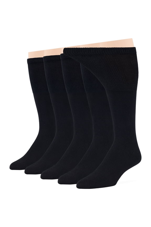 Men's Diabetic Seamless Cotton Mid Calf Socks - 5 Pack XLarge - Solid - Sock Size 13-15 Shoe Size 12-15 XL Black